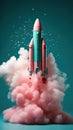 Toy rocket on a plain turquoise background. shuttle takes off, releasing clouds of voluminous pink smoke. AI generation