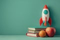 toy rocket, stack of books and apple on table on green background with copy space Royalty Free Stock Photo