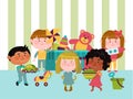 Toy room place, children character play different plaything flat vector illustration. Playground area for rest child Royalty Free Stock Photo