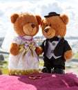 Toy Russian bears with wedding rings Royalty Free Stock Photo