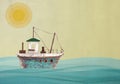 Toy sailboat on landscape painted wall background