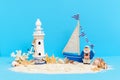 Toy sailing boat, captain on desolate sandy island shore with lighthouse, coral, starfish, seashells and message bottle