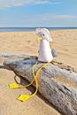 Toy seagull with hat sits on log, summer vacation concept