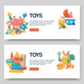 Toy shop for babies banners vector illustration. Cute objects for small children to play with, wooden and plastic toys Royalty Free Stock Photo