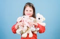 Toy shop. childrens day. Best friend. hugging a teddy bear. little girl playing game in playroom. happy childhood Royalty Free Stock Photo