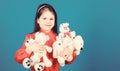 Toy shop. childrens day. Best friend. toys for kid. small girl with soft bear toy. happy childhood. Birthday. child at Royalty Free Stock Photo