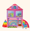 Toy shop. Exterior market building. Cartoon flat vector illustration Royalty Free Stock Photo