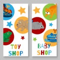 Toy shop for kids vertical banner vector illustration. Toyshop banners for baby toys sale or discount. Animal clock work Royalty Free Stock Photo