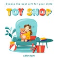 Toy shop koncept with little girl in armchair with teddybear and toys around and place for text. Royalty Free Stock Photo