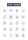 Toy shop line vector icons and signs. Shop, Doll, Action, Figure, Robot, Car, Building, Blocks outline vector