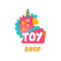 Toy shop logo design template, kids store, baby market badge vector Illustration on a white background Royalty Free Stock Photo