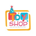 Toy shop logo original design, kids store, baby market badge vector Illustration on a white background Royalty Free Stock Photo
