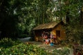 Toy shop in shady woods on sunny winter day Royalty Free Stock Photo