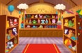 Toy shop with shelves of toys. Big set of colorful toys for children. Cartoon vector illustration