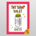 Toy shop vector sale flyer design with baby powder bottle Royalty Free Stock Photo