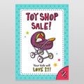 Toy shop vector sale flyer design with baby stroller Royalty Free Stock Photo
