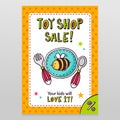 Toy shop vector sale flyer design baby tableware - plate, fork a Royalty Free Stock Photo