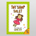 Toy shop vector sale flyer design with cute doll in pink dress