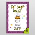 Toy shop vector sale flyer design with feeding bottle Royalty Free Stock Photo