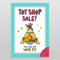 Toy shop vector sale flyer design with Indian wigwam for kids Royalty Free Stock Photo