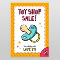 Toy shop vector sale flyer design with pacifier