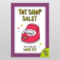 Toy shop vector sale flyer design with pink baby potty Royalty Free Stock Photo