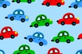 Toy simple cars, children drawing of a auto, a seamless pattern of automobile and road signs