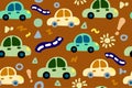 Toy simple cars, children drawing of a auto, a seamless pattern of automobile and road signs