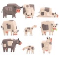 Toy Simple Geometric Farm Cows Standing And Laying While Browsing Set Of Funny Animals Vector Illustrations. Royalty Free Stock Photo