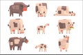 Toy Simple Geometric Farm Cows Standing And Laying While Browsing Set Of Funny Animals Vector Illustrations. Royalty Free Stock Photo