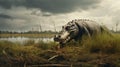 Toy-sized Crocodile Grazing In A Grassy Field