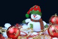 Toy snowman with a red festive balls and decorations, in the black background