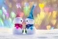 Toy snowmen on the background of bright hearts. Two are in love_ Royalty Free Stock Photo