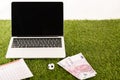 Toy soccer ball, euro banknotes, betting lists near laptop with blank screen on green grass isolated on white Royalty Free Stock Photo