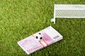 Toy soccer ball and euro banknotes near miniature football gates on green grass