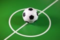 Toy soccer ball in a midfield, in the center of the green field Royalty Free Stock Photo