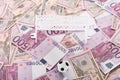 Toy soccer ball, miniature football gates on euro and dollar banknotes