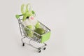 Toy soft green rabbit and green painted natural chicken egg in a small shopping cart.