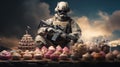 A toy soldier wearing a mask sits against a backdrop of sweets.