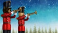 Toy soldiers playing trumpets against christmas winter background. Royalty Free Stock Photo