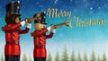 Toy soldiers with trumpets announcing merry christmas. Royalty Free Stock Photo