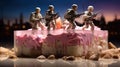 Toy soldiers are trying to pass through a box filled with ice cream and sweets. Royalty Free Stock Photo