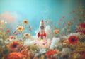 Toy space rocket launching from the field of flowers. Royalty Free Stock Photo