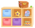 Toy storage. Kid wooden shelf cartoon icon