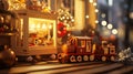 Toy store with glowing window, wooden train, and ornaments . Royalty Free Stock Photo