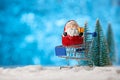 Toy supermarket cart with Santa  Claus. In the snow. Christmas shopping. tradition of giving gifts Royalty Free Stock Photo