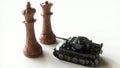 Toy tanks with chess on chessboard. Concept of military strategy. - 3D Rendering