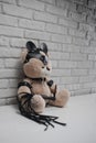Toy Teddy bear dressed in leather belts and mask accessory for BDSM games on a light background texture of a brick wall