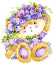 Toy Teddy bear and flower violet. watercolor illustration