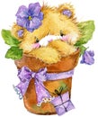 Toy Teddy bear and flower violet. watercolor illustration